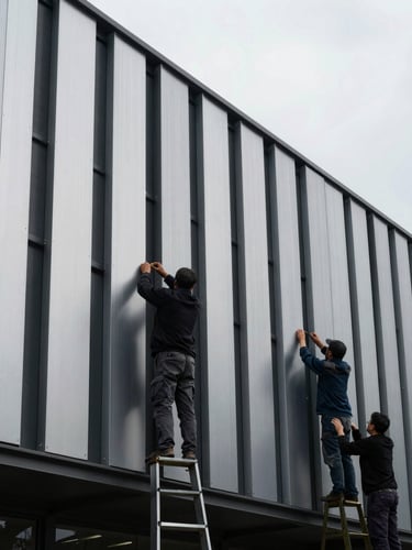 Skilled montage team members installing a structural aluminum facade panel on a commercial building, precise movements, cool overcast lighting, high-contrast shadows.