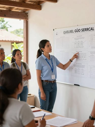 Bright editorial photography of a clean community workshop in Colombia, natural daylight, a professional coordinator pointing to a project board with community leaders, authentic setting, 35mm lens.
