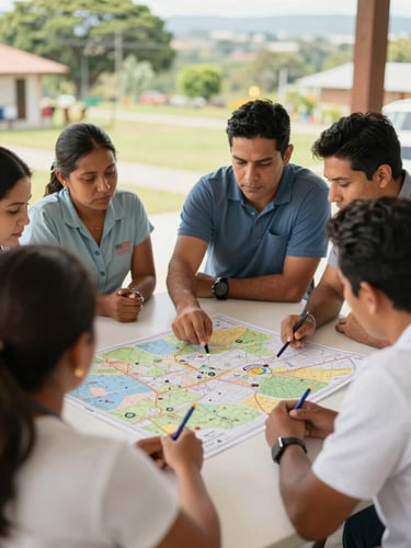 Bright editorial photography of a professional planning session in Colombia, team members discussing a map on a table with community leaders, natural daylight, warm realistic color tones, authentic community setting, 35mm lens, professional depth of field.