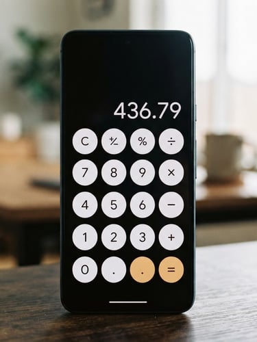 Minimalist tech photography, close-up of a modern Android phone screen displaying a clean, dark-mode calculator interface, natural ambient room light, shallow depth of field, 35mm