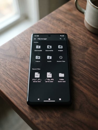 Close-up shot of a modern Android phone displaying a clean file manager interface on a dark wooden table, soft natural daylight, 35mm