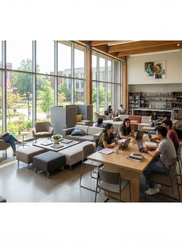 Bright natural daylight, a modern clean student dormitory common area with structured seating and large windows, professional institutional space, 35mm lens