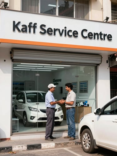 Wide-angle shot of Kaff Service Centre's physical storefront in Dalal Estate, Mumbai Central, with a technician greeting a customer, bright realistic daylight, high-contrast industrial tones, clean depth of field, 35mm