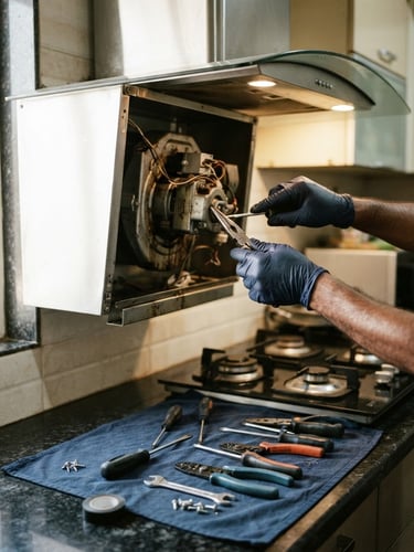 Close-up of a technician's hands expertly repairing a kitchen chimney motor, tools neatly arranged on a clean cloth, bright utility lighting, high-contrast industrial tones, 35mm, in a modern Mumbai kitchen.