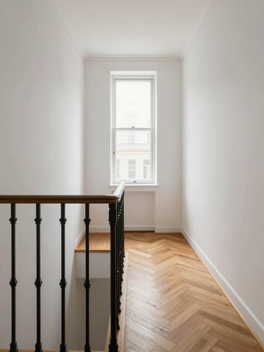 Interior corridor of a well-maintained residential building shot in diffused north-facing daylight, herringbone timber floor receding toward a tall window at the far end, clean white walls, no occupants, architectural detail of a cast-iron handrail in the foreground