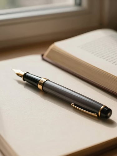 Close-up of a classic fountain pen resting on textured cream paper next to an open law book, soft natural morning light filtering through a window, warm sand tones.