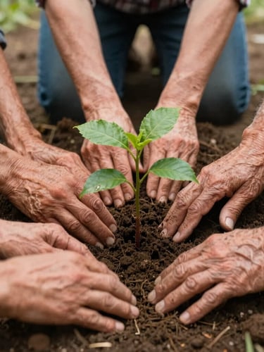 Close-up of hands of different generations working together to plant a small tree in fertile soil, natural soft daylight, warm earthy tones, authentic texture.