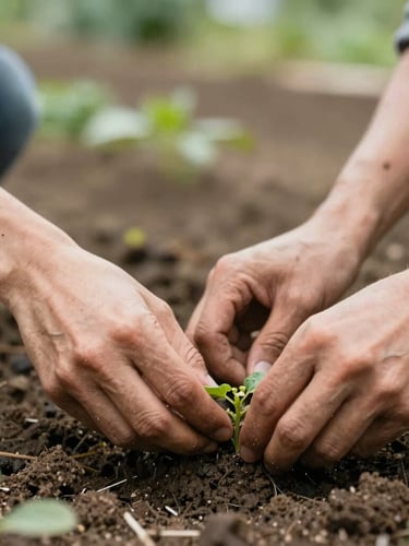 Close-up of hands working together in a community garden, soft natural daylight, warm earthy tones, honest documentary style.