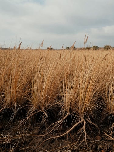 Close ground-level view looking outward across a native meadow site, dense root systems visible at the soil surface edge, overcast diffused natural daylight, warm ochre and grey-brown tones, no people