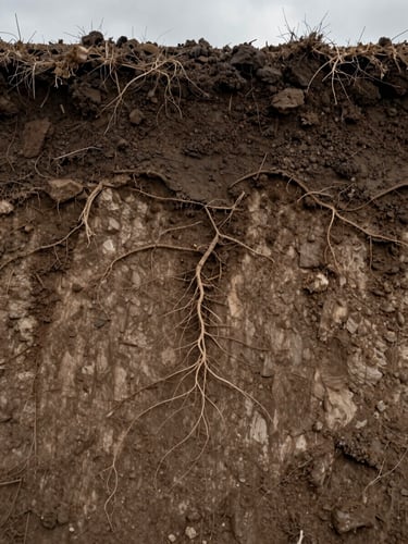 Overhead close view of a soil cross-section profile showing distinct horizon layers — dark topsoil, clay subsoil, mineral base — natural overcast daylight illuminating fine root threads and aggregate texture, warm grey-brown tones, no people