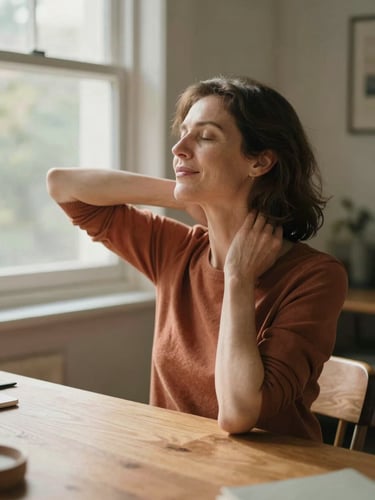 A woman in her late 40s sitting at a sunlit wooden desk, doing a gentle neck stretch, warm natural window light, muted terracotta and sage tones, 35mm lens.