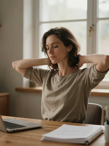 Warm editorial photography of a woman in her 40s sitting comfortably at a sunlit wooden home office desk, stretching her shoulders gently, soft natural window light, muted earthy tones, shallow depth of field
