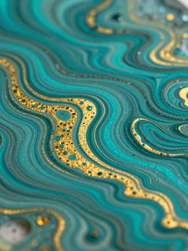 Macro texture shot of vibrant teal and gold pigments swirling beneath a cured, glass-like resin finish, natural side-light.