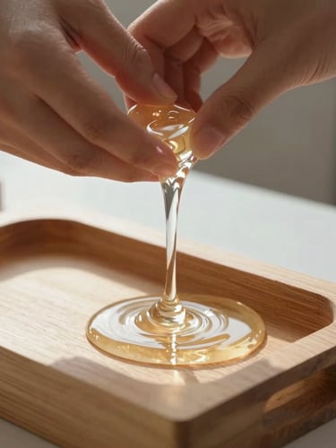 A close-up photograph of hands slowly pouring clear, liquid resin into a minimalist wooden tray mold, capturing the fluid movement and glossy reflection under natural morning side-light.