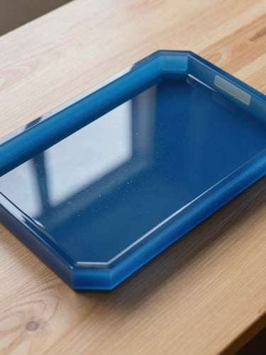High-angle styled shot of a glossy ocean-blue resin tray resting on a light oak table, natural side-light reflecting off the glass-like surface