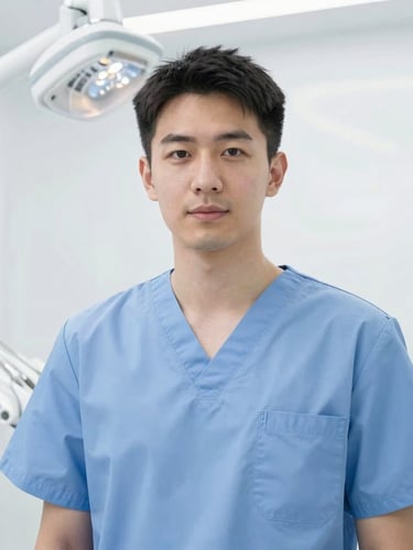 Portrait of a calm, capable dentist in scrubs, looking reassuringly at the viewer. Bright, clean clinical white light, soft shadows, conveying hygiene and safety.