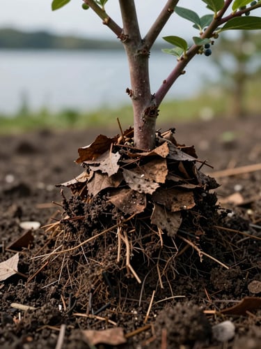 Close-up of blueberry plant base, rich dark soil visible at the roots, decaying leaf mulch layered around the stem, soft side-light from the left, shallow depth of field with the lakeshore blurred in the far background