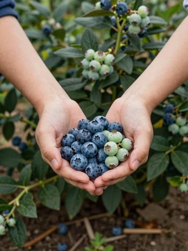 Two hands holding a small cluster of blueberries in various ripeness stages — deep indigo to pale green — photographed at eye level in a blueberry row, natural ambient light filtered through leaf canopy, soil and mulch visible underfoot