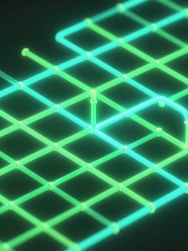 Abstract digital render of a glowing green and cyan pipeline grid, isometric wireframe structure, high contrast neon luminescence against deep shadow