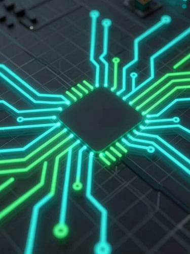 Abstract digital 3D render of glowing neon cyan and green circuit board pathways, dark obsidian background, geometric grid lines, macro perspective