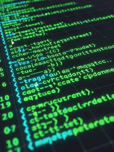 Abstract digital 3D render of glowing terminal green syntax-highlighted code textures on a dark obsidian canvas, macro perspective