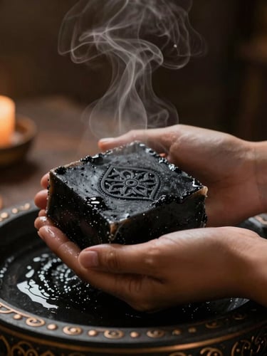 Close-up of hands applying traditional Moroccan black soap during a deep exfoliation, warm ambient lighting, steam rising, dark stone and bronze accents, cinematic 35mm, portrait aspect, subject off-center.