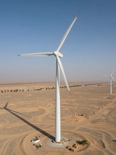 Ultra-wide environmental landscape of the Gharo wind corridor in Sindh, Pakistan. A massive wind turbine stands in the arid desert plains under bright daylight, casting long shadows.