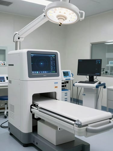 Plano medio de un equipo de radiología digital moderno en una sala clínica impecable y con iluminación blanca difusa