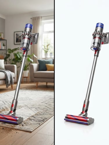 Split-screen comparison of a product image with a complex background on the left and the same product perfectly isolated on a pure white background on the right, high-contrast, studio lighting, vibrant red and blue accents, sharp edges.