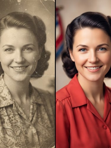 Split-screen comparison: left side shows a faded, sepia-toned vintage portrait with visible scratches and dust; right side shows the same portrait vibrant, clear, and perfectly restored, high-key studio lighting, warm nostalgic tones, crisp borders.