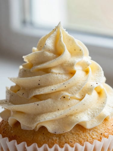 Macro close-up of a single vanilla bean cupcake, showing the intricate swirl of whipped buttercream frosting flecked with tiny black vanilla bean specks, soft window light.