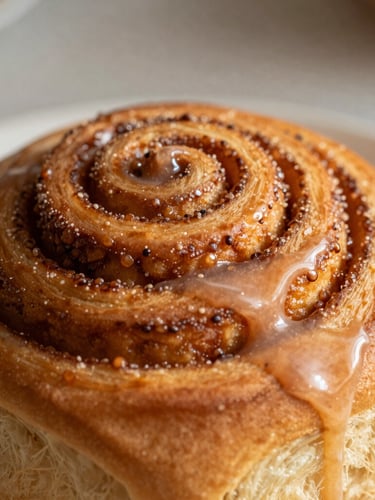 Macro close-up of a warm cinnamon roll, brown-sugar glaze slowly dripping down the golden-brown spiral, soft morning light, shallow depth of field.