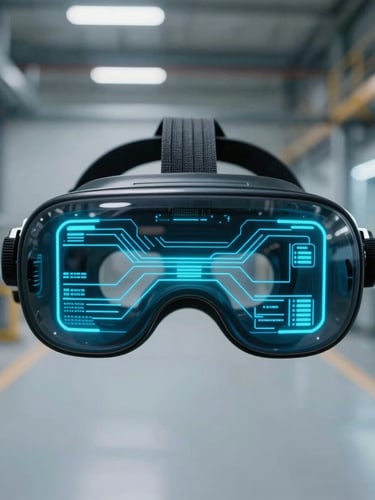 First-person POV through an AR headset displaying sharp neon cyan telemetry lines and electric blue data wireframes overlaid on a clean, modern industrial factory floor, cool ambient lighting with soft cyan emissive glow.