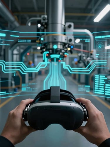 First-person POV through an AR headset, sleek digital HUD telemetry overlaid on a dark high-tech manufacturing floor, emissive neon cyan vector lines tracing machinery, cool-toned ambient light.