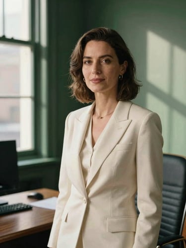Editorial portrait of Isabella Wild in a warm, naturally lit office, deep forest green tones, soft window shadows, professional and poised, 35mm photography.