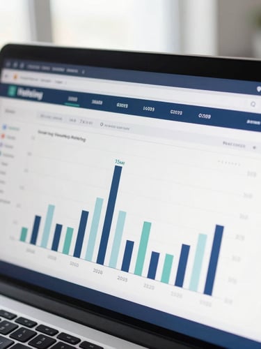 Close-up of a clean analytical dashboard displaying performance marketing metrics, cool bright natural office light, sharp focus, slate and navy tones, 35mm