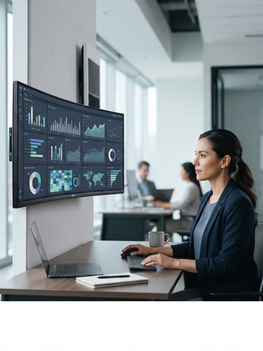 Modern corporate office environment, clean lines, large monitor displaying data analytics dashboard, soft cool light, sharp focus.