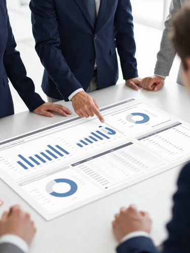 Close-up of a professional team collaborating around a modern analytical dashboard, clean slate and navy tones, bright cool natural office light.