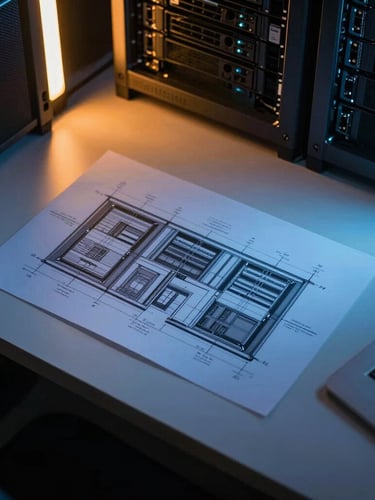 Overhead desk setup with architectural schematics of data centers, low-key lighting with amber neon accents, cool-toned shadows, 35mm