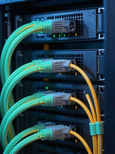 Macro shot of high-density server racks with clean, glowing neon cyan and amber cabling, low-key dramatic studio lighting, sharp 35mm details