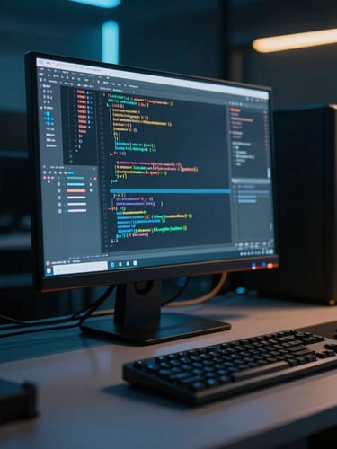 Dramatic low-key photography of a high-end software engineering workstation, cool-toned ambient light, neon blue and amber accents, code visible on screen, 35mm.