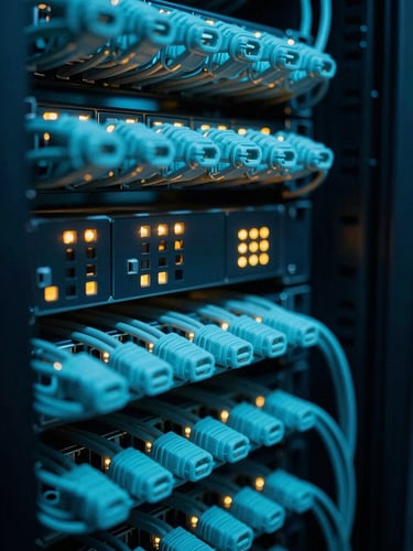 Dramatic low-key macro photograph of a high-density server rack, clean neon cyan cabling, amber indicator lights glowing in a dark data center, 35mm