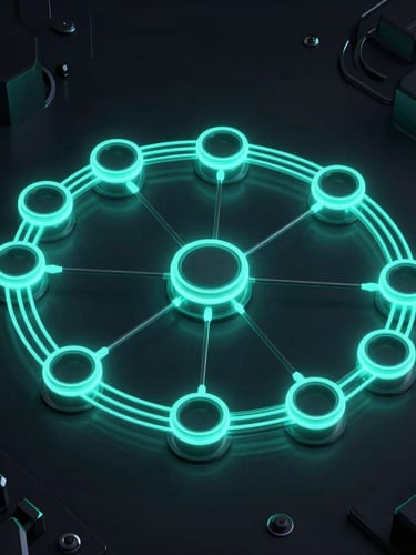 A highly detailed vector schematic of a blockchain consensus loop, glowing neon-cyan data streams tracing paths through obsidian nodes, high contrast, dark technical 3D render