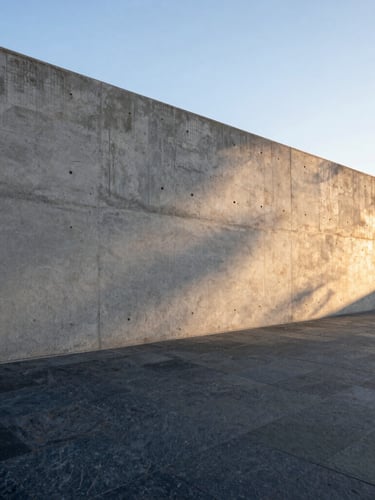 Low-angle architectural shot of a raw off-form concrete retaining wall meeting dark quarried bluestone paving, soft late-afternoon Melbourne light casting linear shadows.