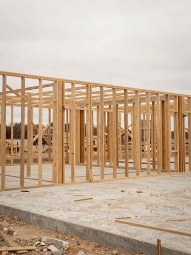 Architectural straight-on shot of a barndominium steel truss frame under construction, raw concrete slab visible, overcast daylight, earthy tones, 35mm lens.