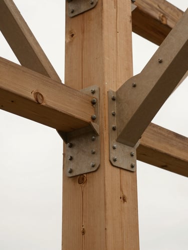 Close-up architectural detail of a steel truss bolted to a heavy timber column, raw galvanized bolts, warm timber grain, overcast soft light