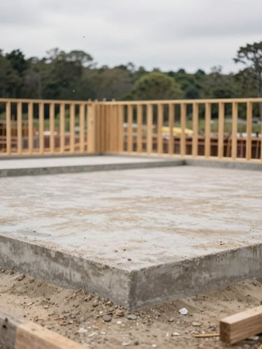 Earthy construction site with concrete foundation slab poured, forest background under overcast daylight, architectural framing, 35mm lens