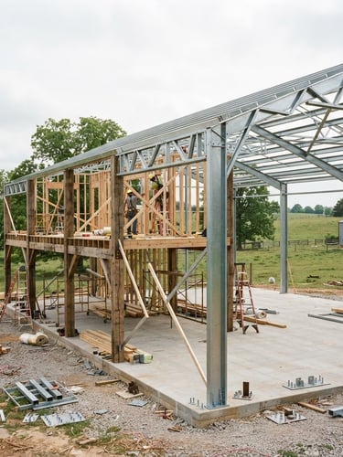 Architectural side-angle shot of a 40x60 steel barndominium frame under construction on a concrete slab, raw timber posts, natural overcast daylight, rural pasture background