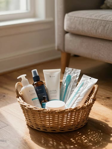 Wide shot of a small wicker basket holding neatly arranged foot care products — creams, oils, and wrapped instruments — resting on a wooden floor beside a home armchair, warm afternoon window light, no labels visible