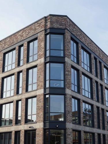 Straight-on architectural elevation of a modern, clean-lined brick and glass commercial building, overcast morning daylight, sharp focus, 35mm